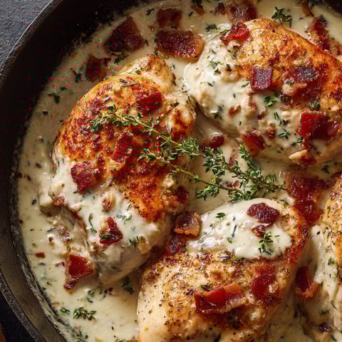 A pan of chicken covered in a creamy garlic parmesan sauce.