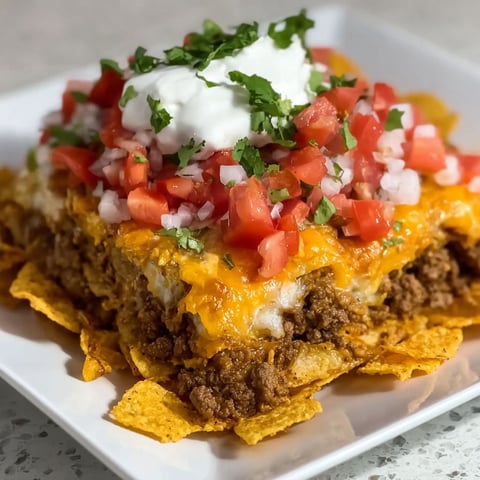 A plate of cheesy Dorito taco casserole.