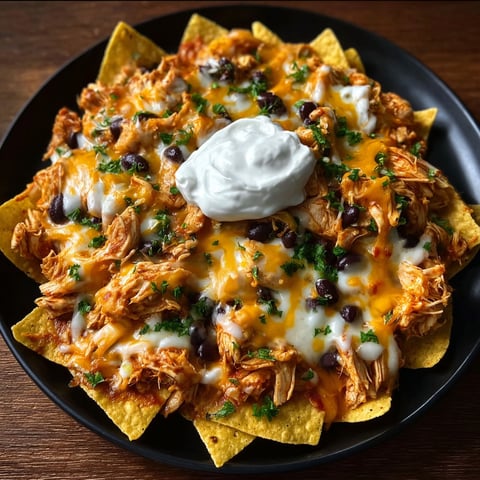 A plate of nachos with white cheese and sour cream.