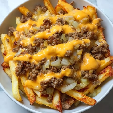 A bowl of cheeseburger fries.