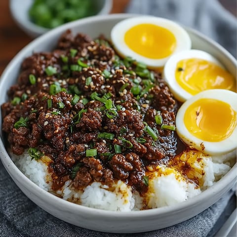 A bowl of food with eggs and meat.
