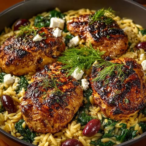 A delicious one-pan Greek chicken skillet with orzo.