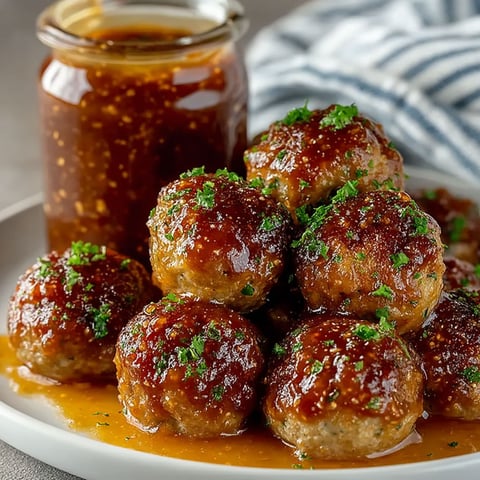 A plate of meatballs with a jar of hot pepper jelly.