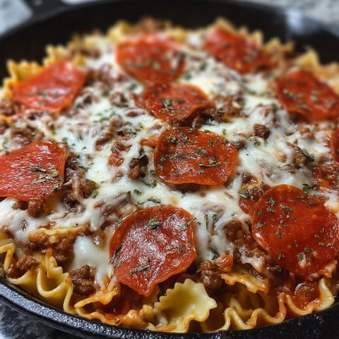 A skillet bake with pepperoni and cheese.