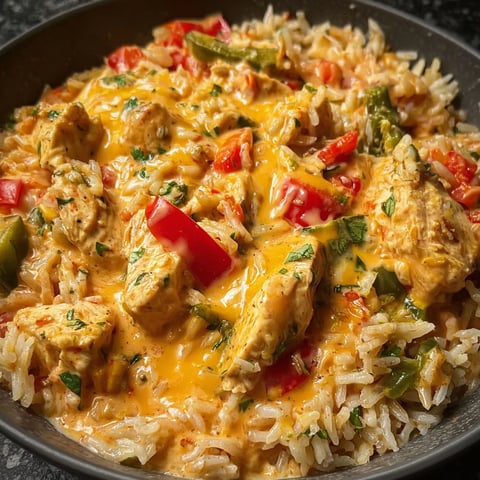 A bowl of rice with chicken and peppers.