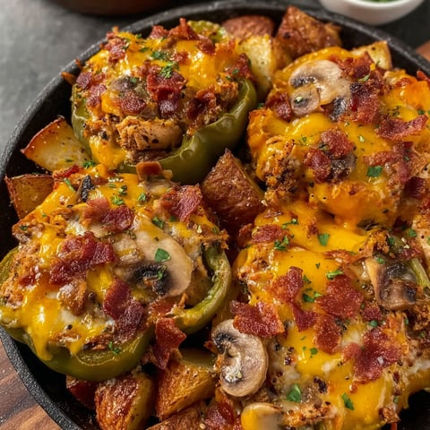 A plate of food with mushrooms and bacon.