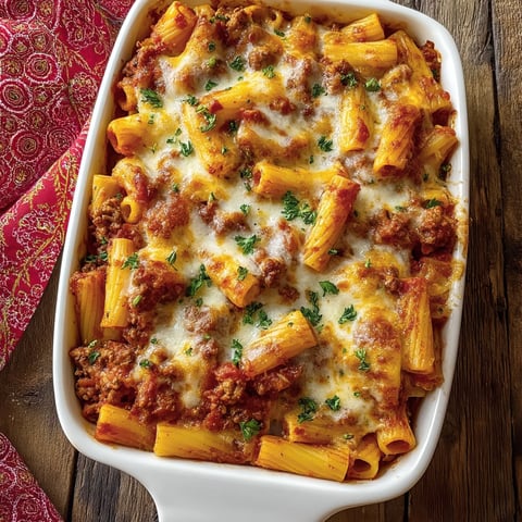A baked ziti dish with sausage and pasta.