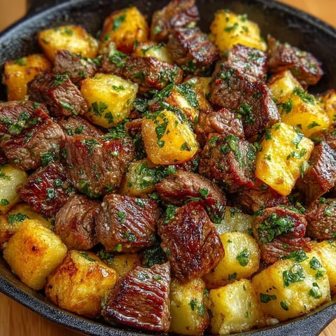 A pan of steak and potatoes with garlic butter.