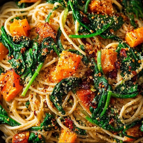A bowl of spaghetti with pumpkin, spinach and walnuts.