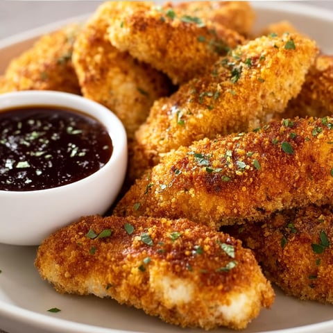 A plate of baked chicken tenders with a dipping sauce.