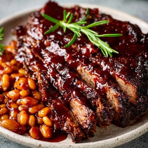 A plate of BBQ beef brisket with a side of beans.