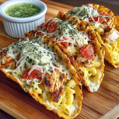 Two chicken alfredo tacos on a wooden table.
