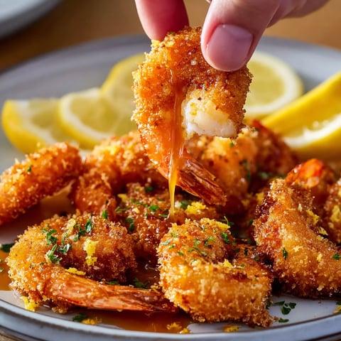 A person is holding a piece of crispy shrimp with honey drizzled on it.