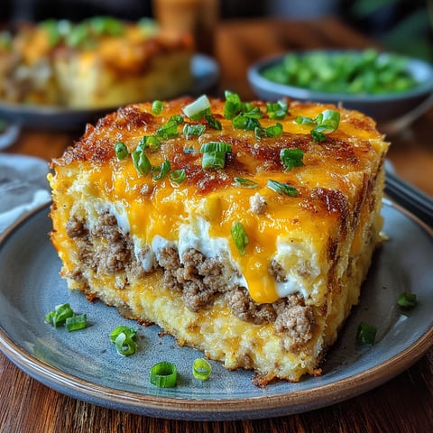 A square dish with sausage, egg, cream cheese and green onions.