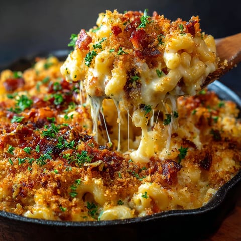 A close up of a delicious bacon beer mac.