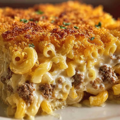 A cheesy macaroni hamburger casserole.