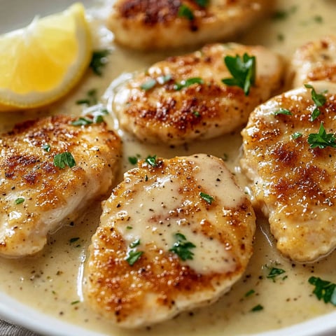 A plate of chicken scallopini with lemon wedges on top.