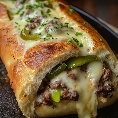 A Philly Cheesesteak Stromboli with peppers and cheese.