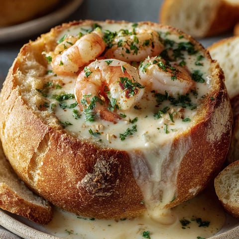 A stuffed seafood bread bowl with shrimp and cheese.