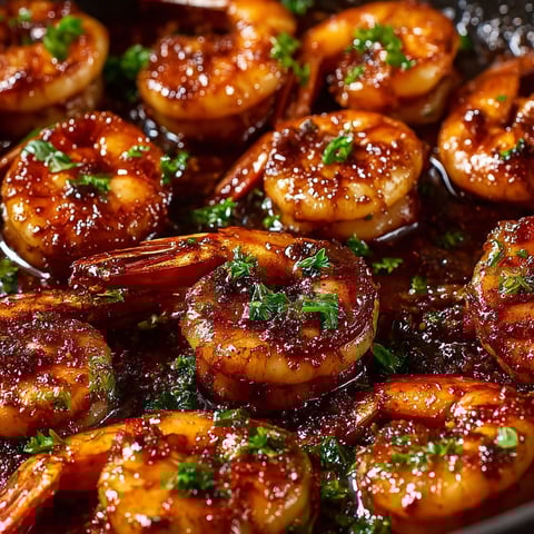 A pan of shrimp with a sauce of honey, butter, and Old Bay seasoning.