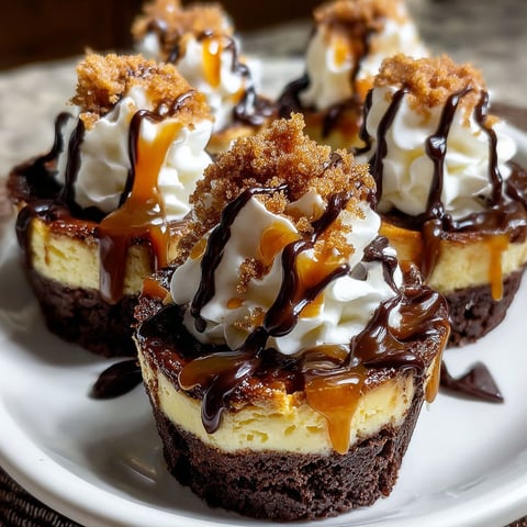 Loaded brownie cheesecake cups with white whipped cream and chocolate drizzle.