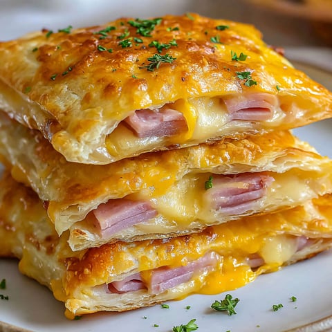 Air fryer ham cheese pockets stacked on a plate.