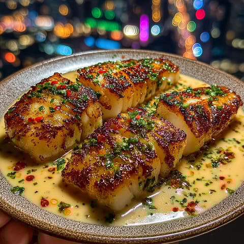 A plate of garlic butter cod strips.