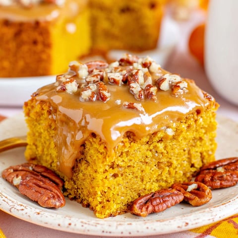 A slice of pumpkin snack cake with praline topping.
