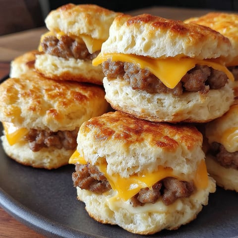 A stack of fluffy biscuits with sausage.