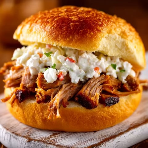 A sandwich with pulled pork and coleslaw.