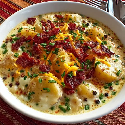 A bowl of soup with bacon and cheese.