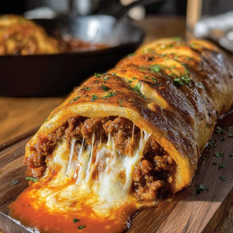 A cheesy sloppy joe stromboli on a wooden table.