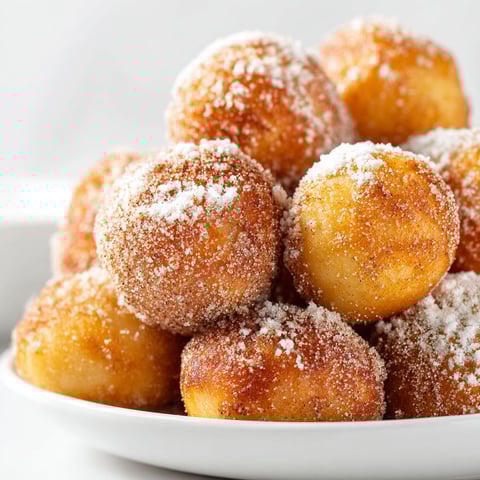 A plate of donuts with powdered sugar on top.