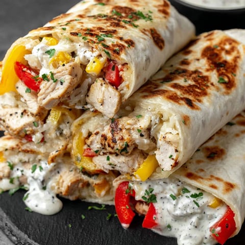 A delicious looking chicken and pepper wrap.