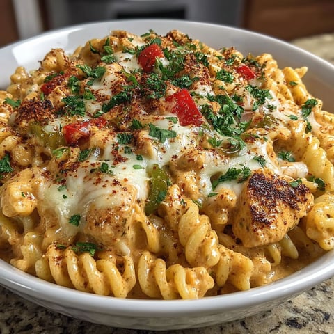 A bowl of cheesy rotel chicken pasta.