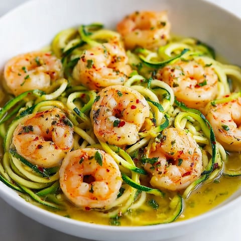 A bowl of zucchini noodles with garlic shrimp.