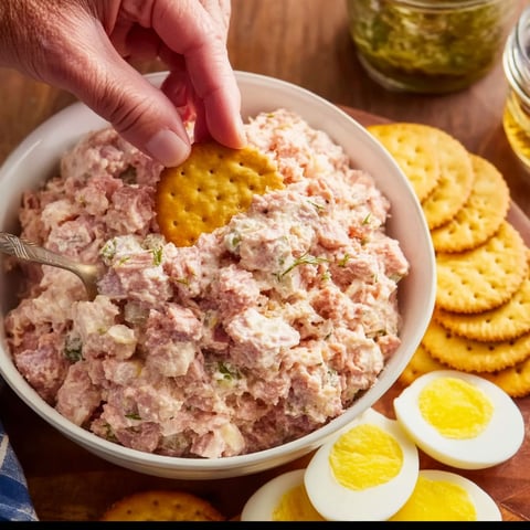 A person is reaching into a bowl of old-fashioned bologna salad.