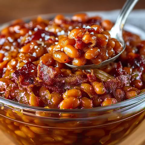 A bowl of homemade baked beans.