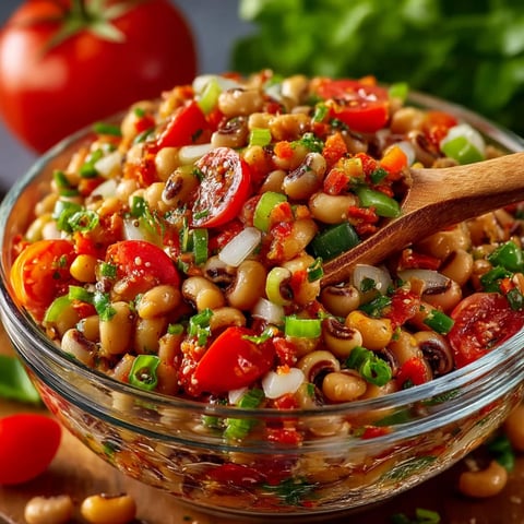 A bowl of black eyed pea salad.