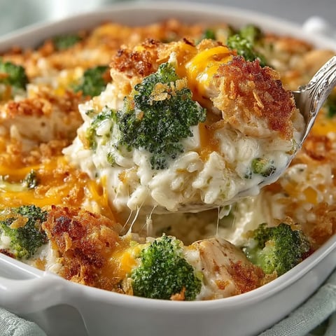 A bowl of cheesy chicken broccoli rice casserole.