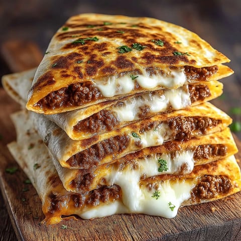 A stack of quesadillas with cheese and meat.