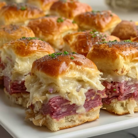 A plate of Reuben Corned Beef Sliders.