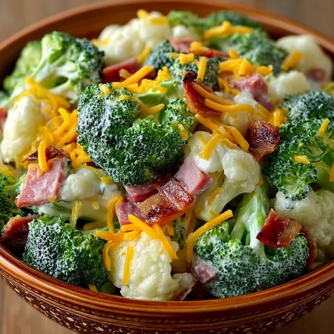 A bowl of broccoli and cauliflower salad with bacon.
