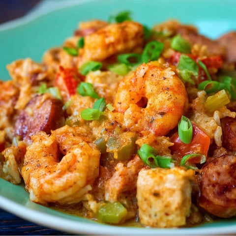 A plate of shrimp jambalaya with green onions.