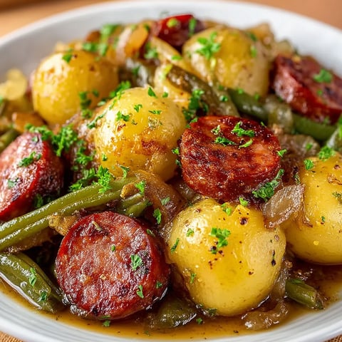 A plate of food with potatoes, sausage, and green beans.