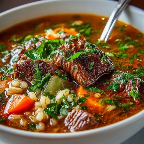 A bowl of beef barley soup with a spoon in it.
