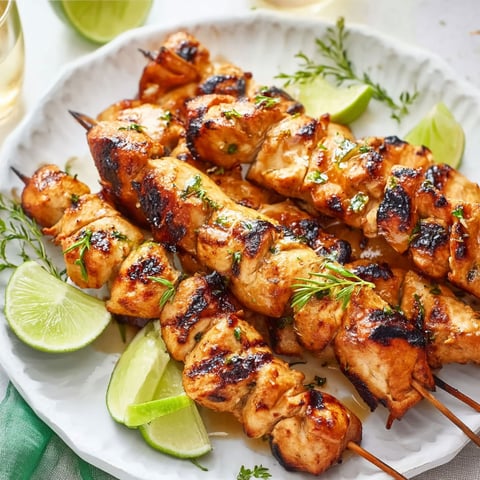 Grilled Honey Lime Chicken Skewers on a white plate.