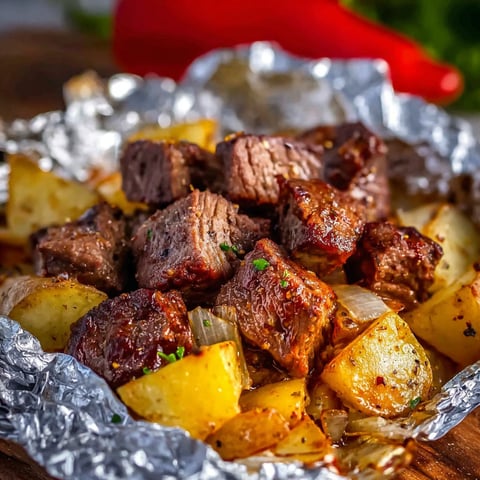 A plate of grilled steak and potato packets.