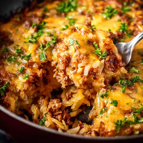 A close up of a delicious crock pot sloppy joe hash brown casserole.