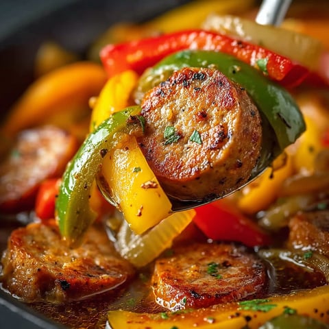 A fork is being used to pick up a piece of sausage and peppers from a crock pot.